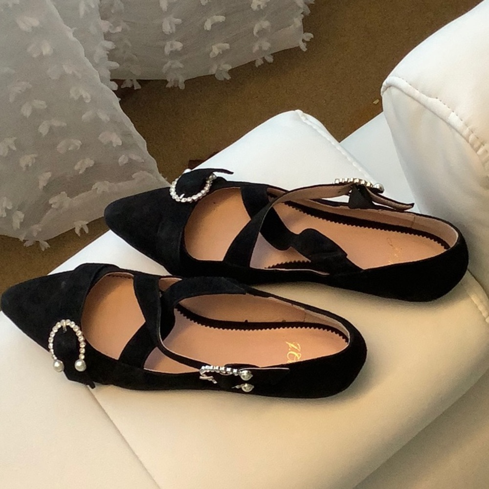 New J Crew pearl & crystal suede flats